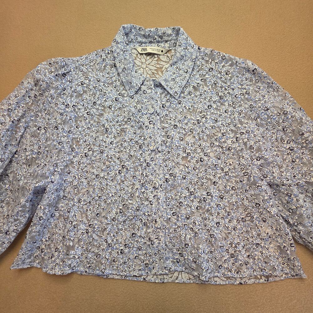 Zara Cropped Semi-Sheer Blue Floral Puff Sleeve Button Blouse Sz Medium